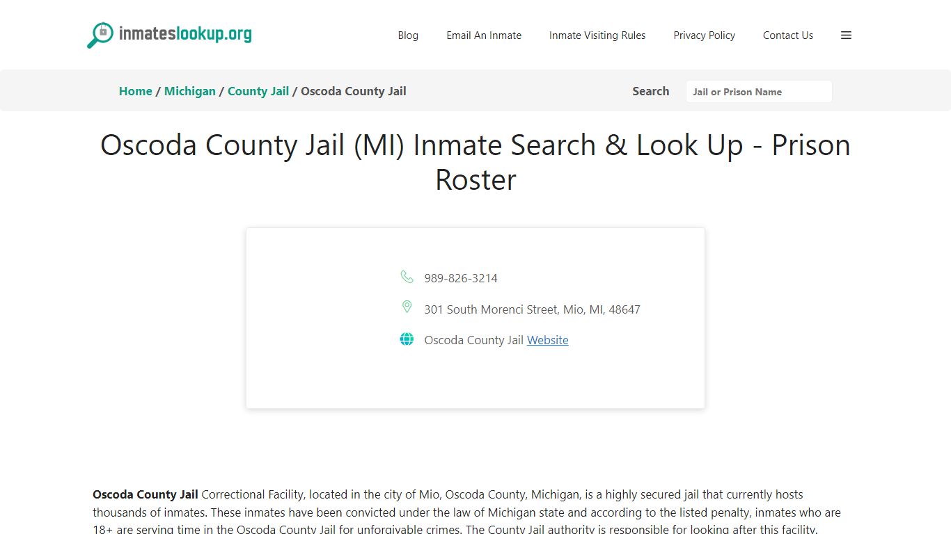 Oscoda County Jail (MI) Inmate Search & Look Up - Prison Roster