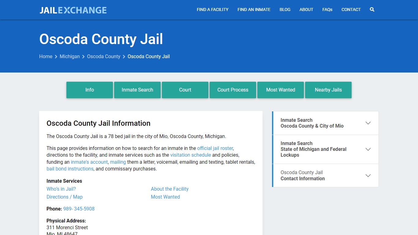 Oscoda County Jail, MI Inmate Search, Information